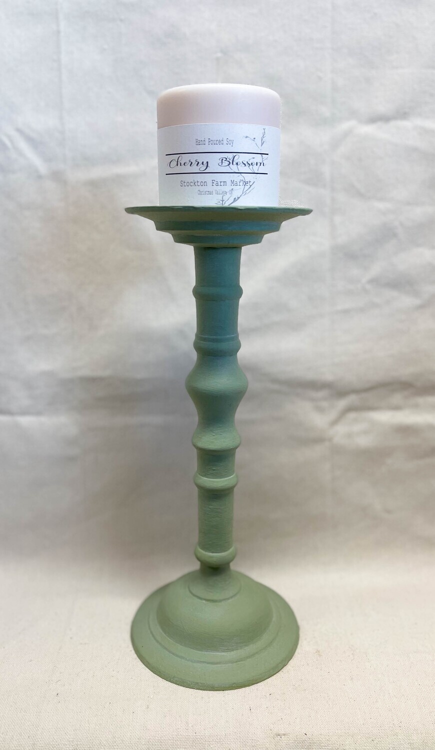 Upcycled Sage Green Metal Candle Holder 12.5"