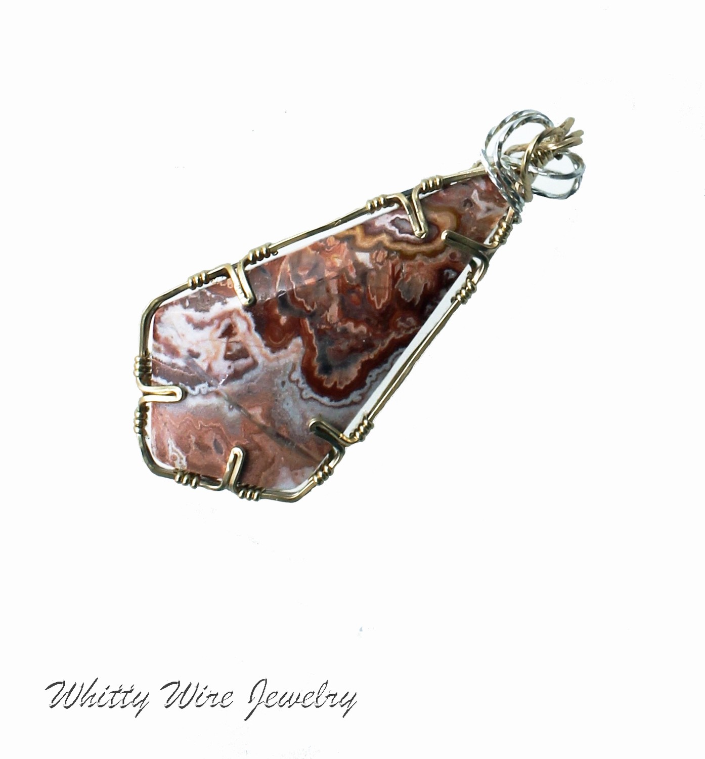 Crazy Lace Agate Pendant Wrapped in Sterling Silver and 14 K Gold Filled Wires