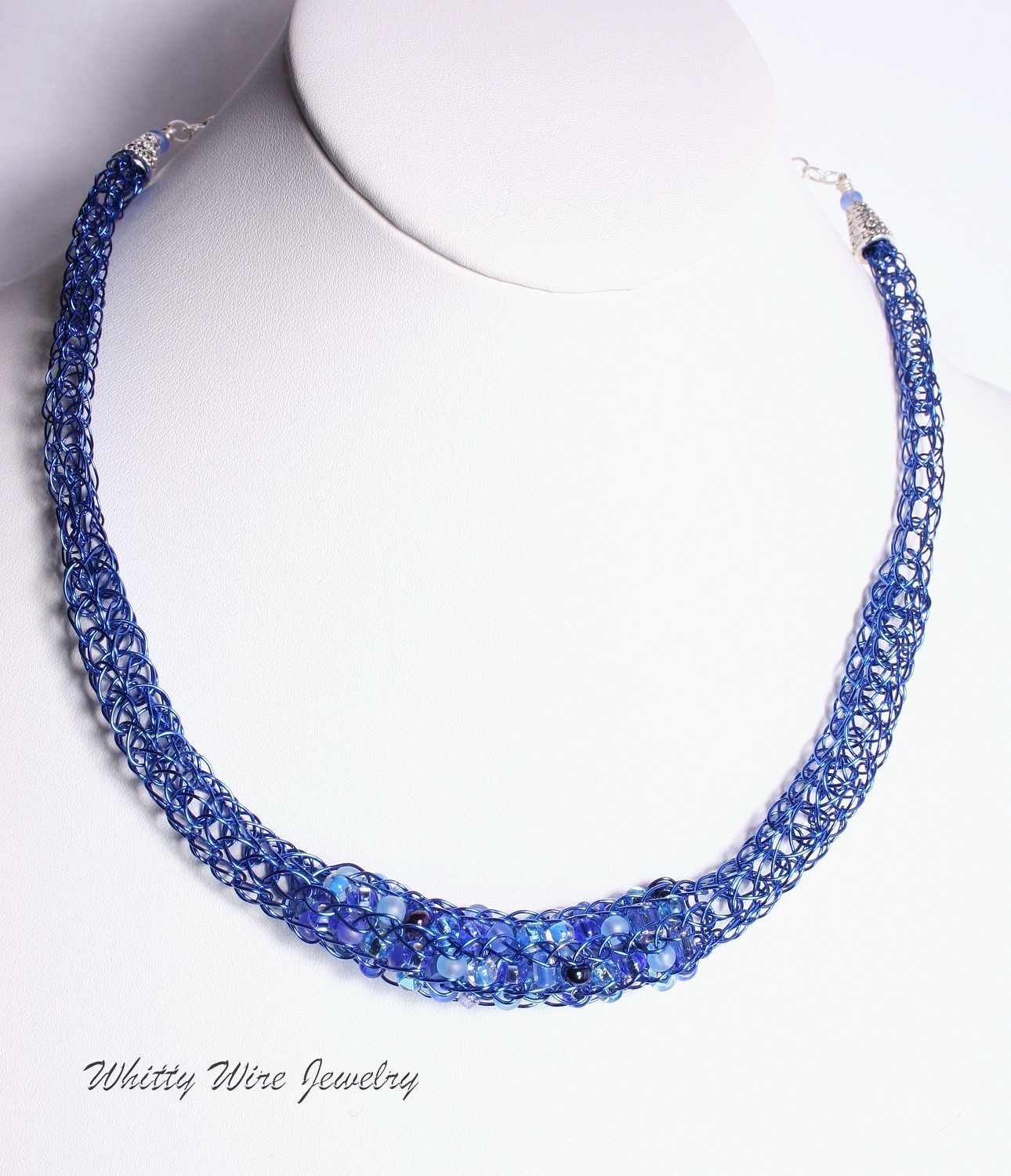 Blue Knit Wire Necklace with Blue Glass Beads
