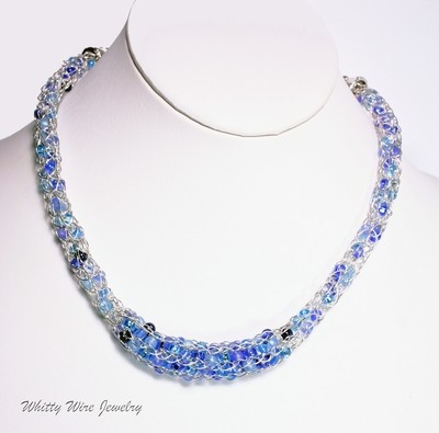 Silver Knit Wire Necklace with Blue Glass Beads