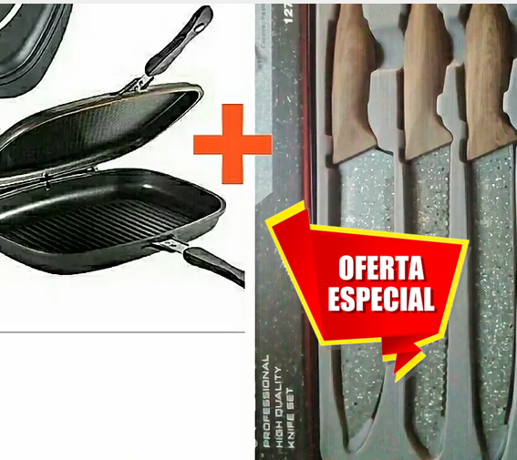 Sarten dual doble parrilla+set de cuchillos