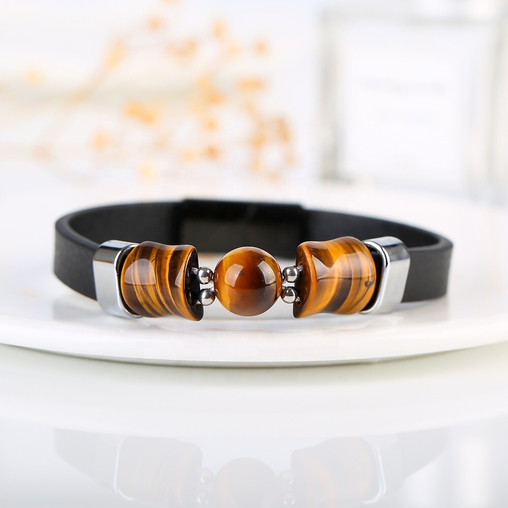 Men Leather Bracelet Tiger Eye Stone.