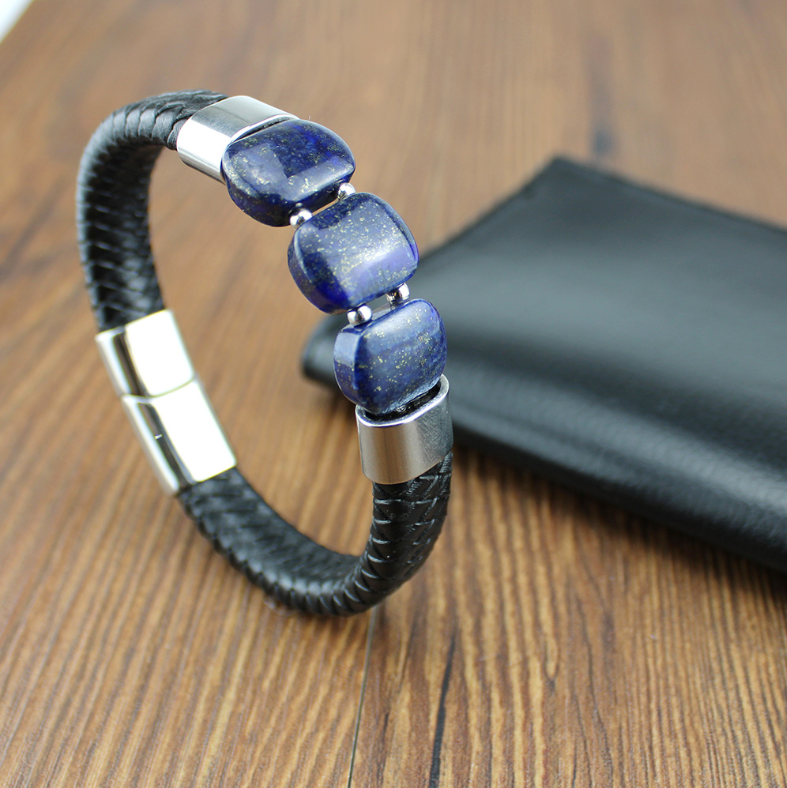 Dark Blue Lapis Lazuli Stone Black Braided Leather Bracelet