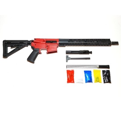 AR-15 Cerakote Red Rifle Kit 16″ Stainless Barrel 15″/ Black Keymod Rail Handguard /with /Cerakote Red 80% Lower/ Black Magpul Moe Stock/ Black Magpul Moe Grip/ – Assembled