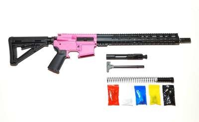 AR-15 Cerakote Pink Rifle Kit 16″ Phosphate Barrel 15″ Keymod Rail Handguard with 80% Lower/ Black Magpul Moe Stock / Black Magpul Moe Grip /- Assembled