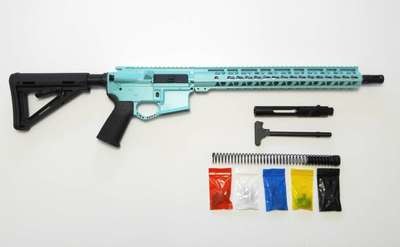 AR-15 Cerakote Tiffany Blue Rifle Kit 16″ Phosphate Barrel 15″ Rail Handguard with 80% Lower/ Black Magpul Moe Stock / Black Magpul Moe Grip / Enhanced Trigger Guard