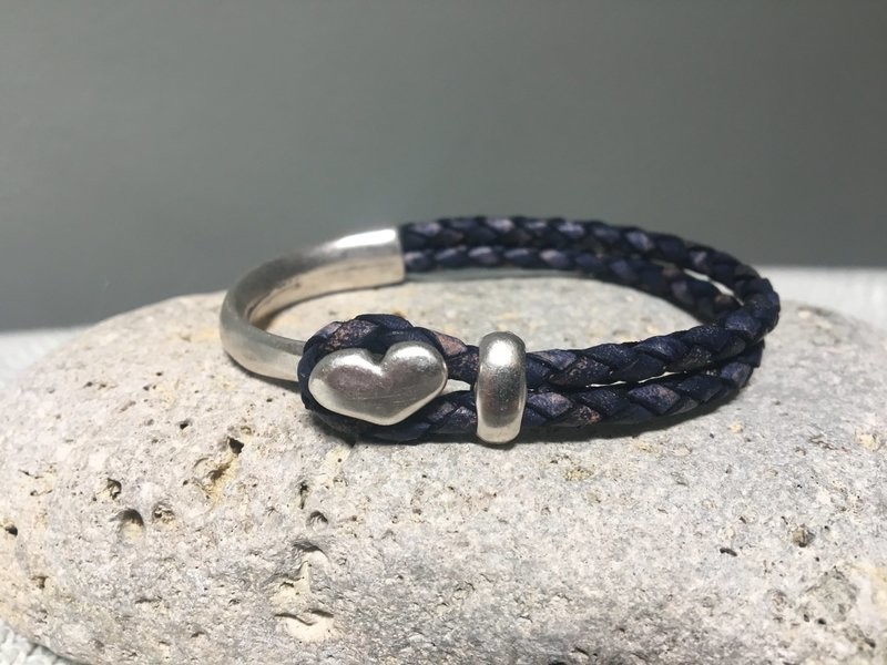 Braided Half Leather Bracelet - Antique Navy