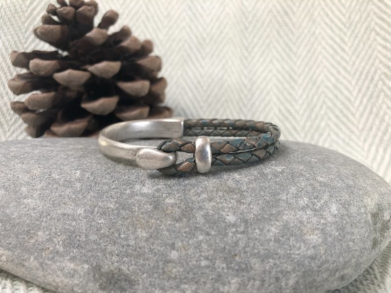 Braided  Half Leather Bracelet - Antique blue/grey