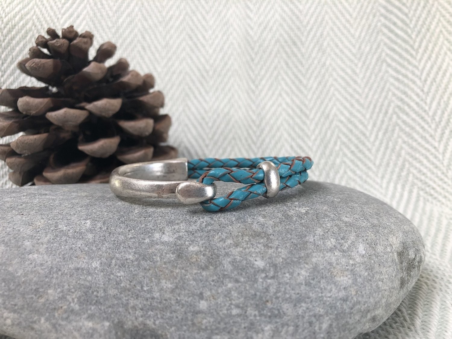 Braided Half Leather Bracelet - Dark Turquoise