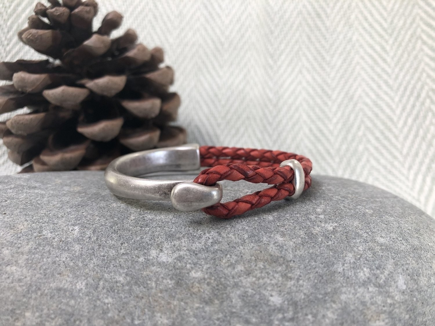 Braided  Half Leather Bracelet - Coral Red