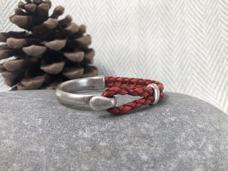 Braided  Half Leather Bracelet - Coral Red