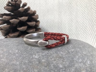 Braided Half Leather Bracelet - Coral Red