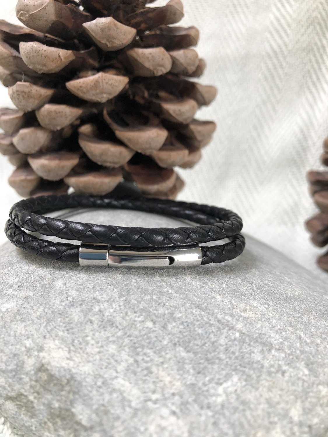 Double 6mm Braided Leather Bracelet - Black