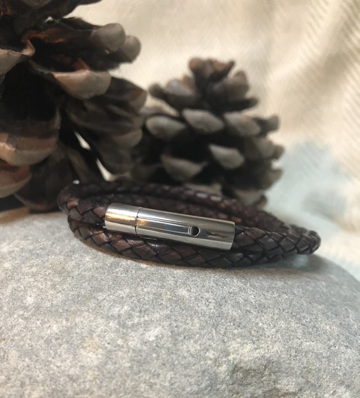 Double 5mm Braided Leather Bracelet - Brown
