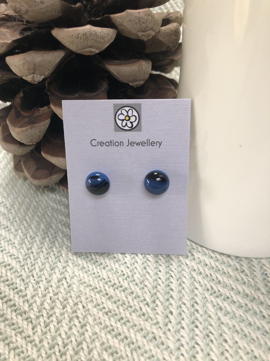 Fused Glass and Sterling Silver Earrings - Navy/Black Swirls