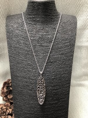 Long Silver Necklace - Oval pendant Oxidised - SALE