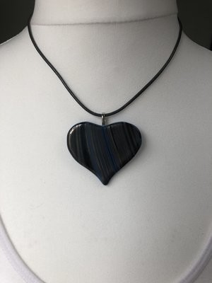 Glass Heart Pendant - Navy & Dark Silver Stripes