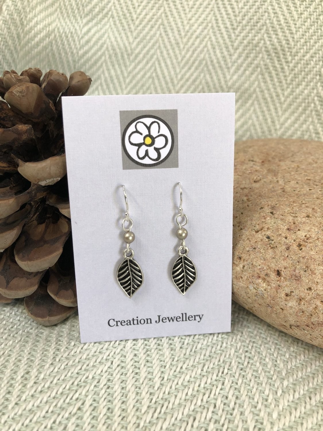 Leaf Drop Earring with Swarovski Platinum Pearl
