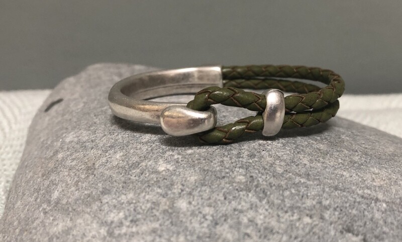 Braided Half Leather Bracelet - Olive Green
