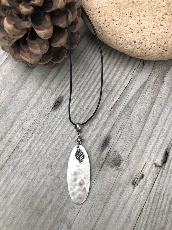 Silver Oval and Leaf Necklace