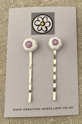 Glass Hair Grips - White/Pink Flowers