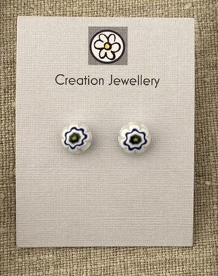 Glass Studs - White and Navy Flowers