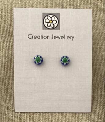 Glass Studs - White, Green and Navy Flowers