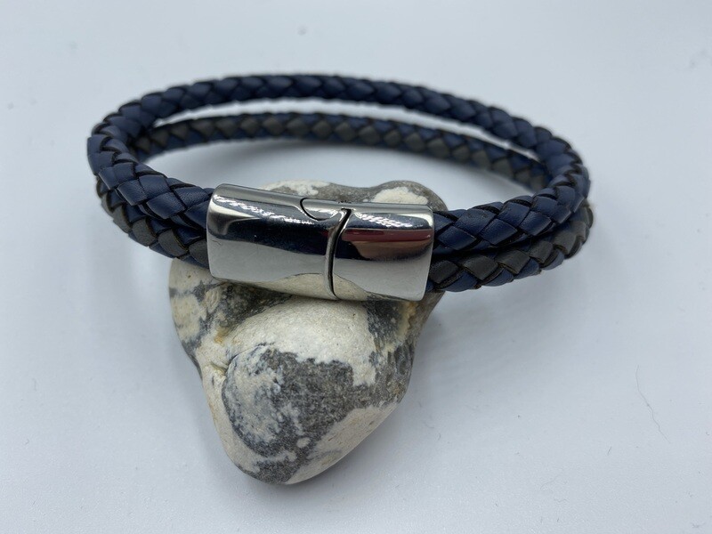 Men’s 6mm double Braided Leather Bracelet - Blue & Grey