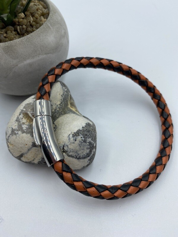 Men’s  6mm braided Leather Bracelet - orange & navy