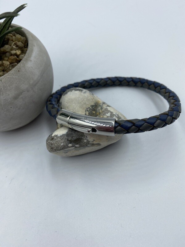 Men’s  6mm braided Leather Bracelet - blue & grey