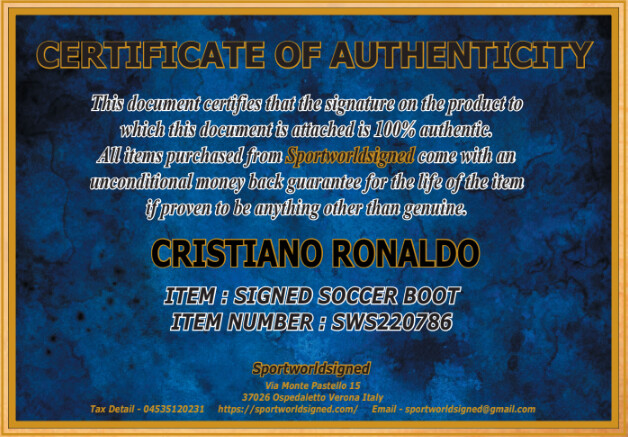 SCARPA CRISTIANO RONALDO BOOT CR7  Autografata Signed + COA CRISTIANO RONALDO CR7 BOOT SCARPA  Autografato Signed Number COA SWS220786
