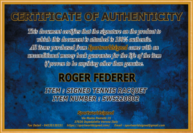 RACCHETTA ROGER FEDERER Autografata Signed + COA RACQUET ROGER FEDERER   Autografato Signed Number COA SWS220802