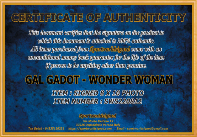 FOTO GAL GADOT WONDER WOMAN Autografata Signed + COA PHOTO GAL GADOT WONDER WOMAN Autografato Signed Number COA SWS220812