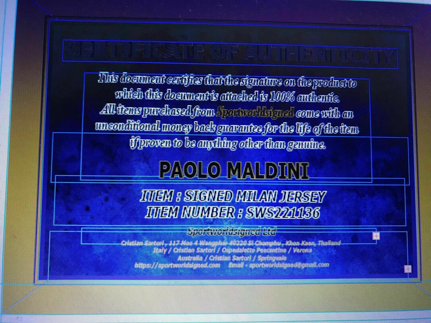 Maglia PAOLO MALDINI AC MILAN Autografata MALDINI PAOLO AC MILAN  HAND SIGNED AUTOGRAPH AC MILAN MALDINI   JERSEY MALDINI PAOLO  SIGNED AUTOGRAPH  SWS221136
