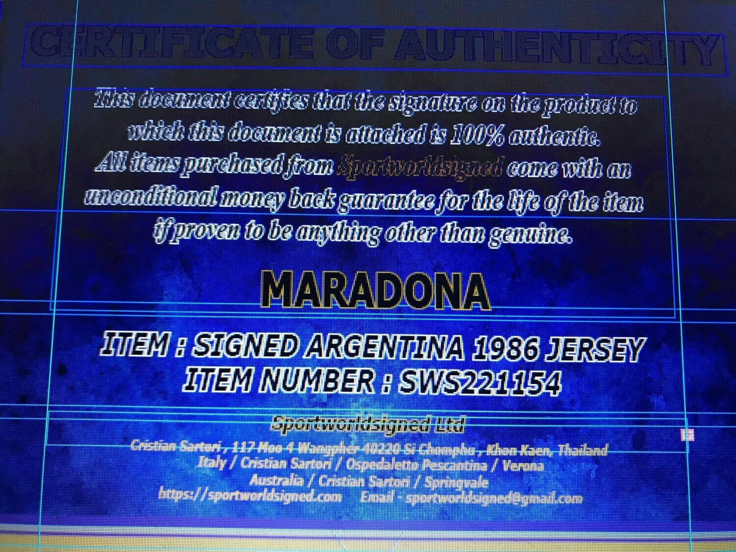 SWS221154 MAGLIA ARGENTINA DIEGO ARMANDO MARADONA JERSEY MARADONA CAMISETAS  HAND SIGNED AUTOGRAPH