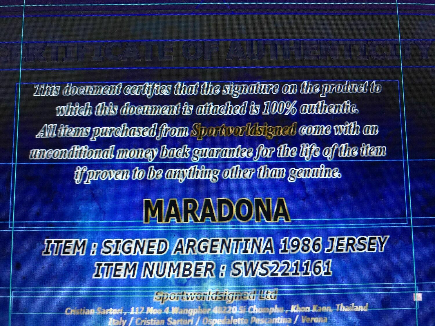 SWS221161 JERSEY ARGENTINA DIEGO ARMANDO MARADONA SIGNED AUTOGRAPH MAGLIA ARGENTINA  AUTOGRAFATA DIEGO ARMANDO MARADONA  HAND SIGNED AUTOGRAPH