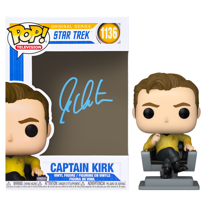 Autografo Autograph Hand Signed William Shatner Autographed Star Trek Captain Kirk in Captain's Chair POP Vinyl 1136 Figura POP