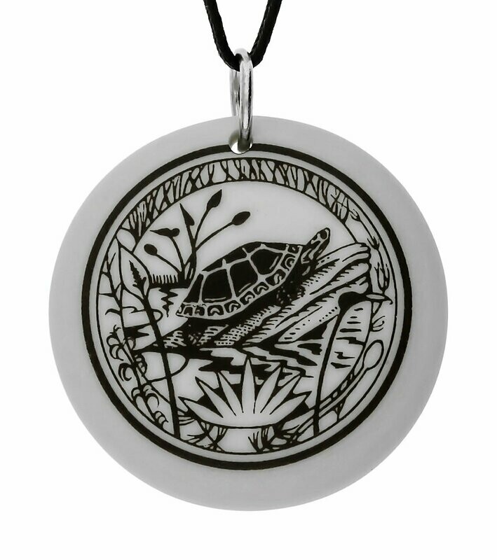 Painted Turtle Totem Round Handmade Porcelain Pendant Painted Turtle Totem Round Handmade Porcelain Pendant