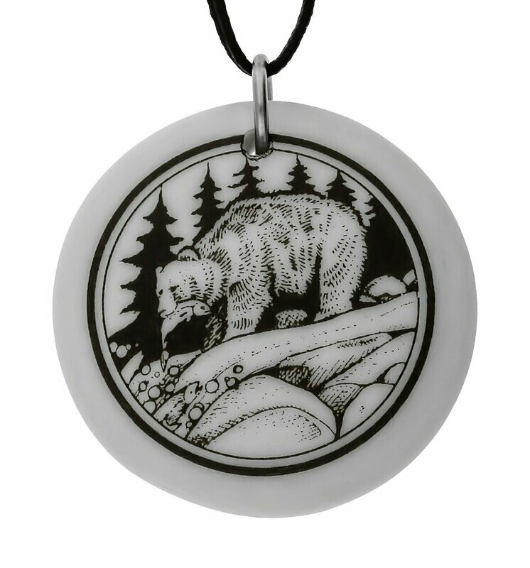 Grizzly Bear Totem Round Handmade Porcelain Pendant Grizzly Bear Totem Round Handmade Porcelain Pendant