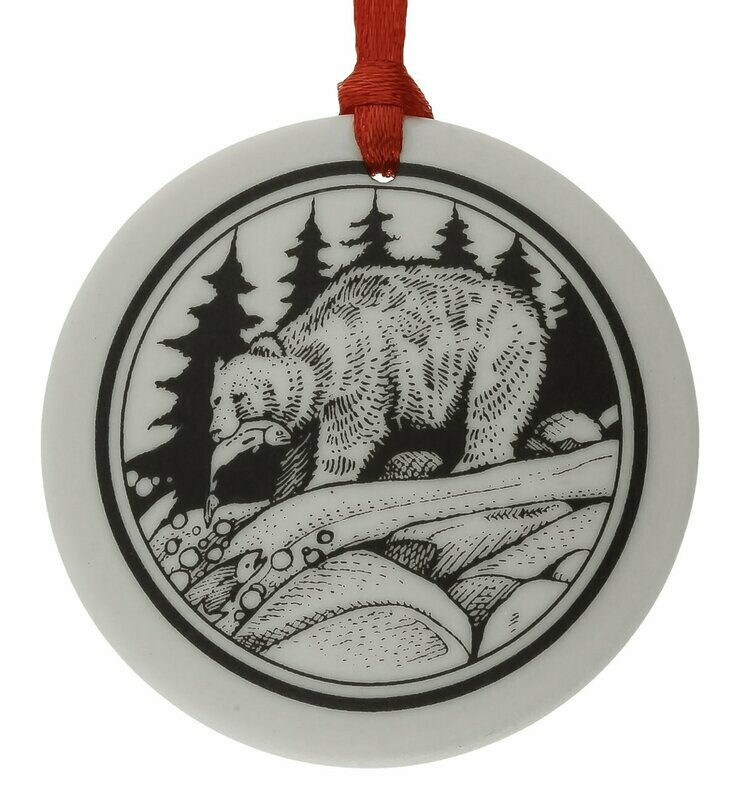Grizzly Bear Totem Round Handmade Porcelain Christmas Ornament Grizzly Bear Totem Round Handmade Porcelain Christmas Ornament