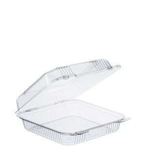 OC-90 CLEAR 8&quot; HINGED LID PLASTIC CONTAINER (8&quot;X8&quot;X3&quot;) QTY 250