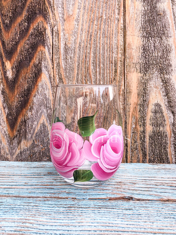 Hand Painted Pink Rose Glass STEMLESS