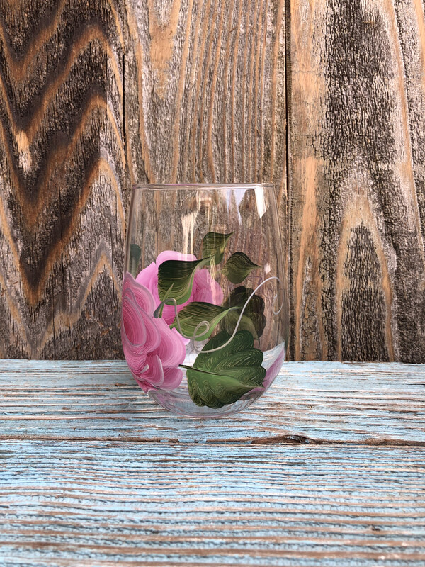 Hand Painted Pink Rose Glass STEMLESS