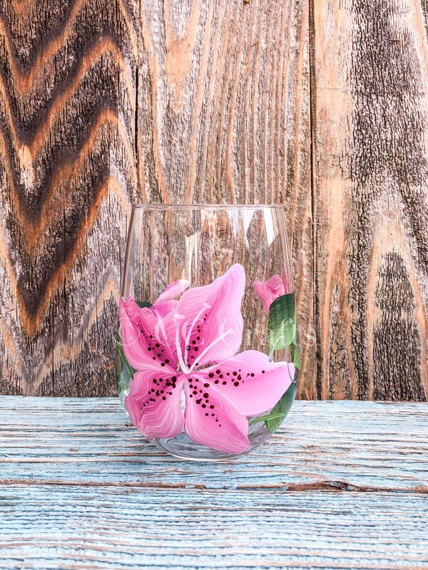 Hand Painted Pink Stargazer Lily Glass STEMLESS