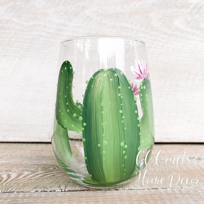 Hand Painted Cactus Glass STEMLESS Design #1
