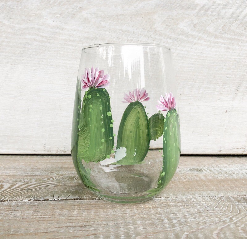 Hand Painted Cactus Glass STEMLESS Design #1