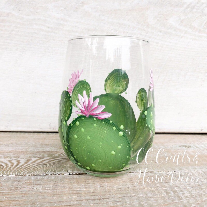 Hand Painted Cactus Glass STEMLESS Design #2