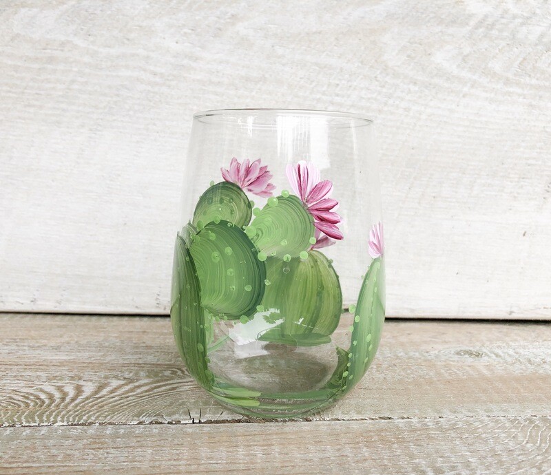 Hand Painted Cactus Glass STEMLESS Design #2