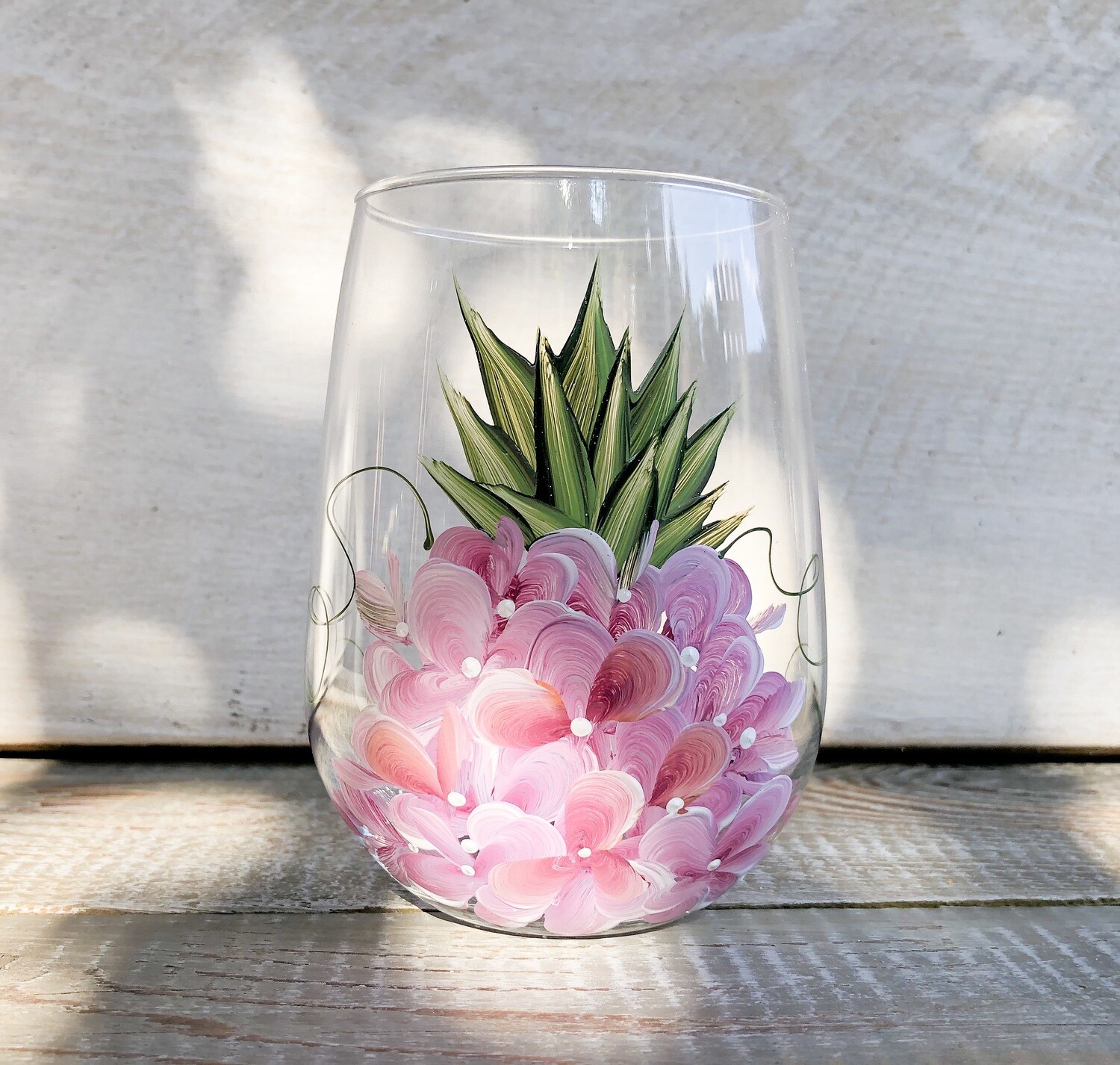 Hand Painted Pink Floral Pineapple STEMLESS Glass