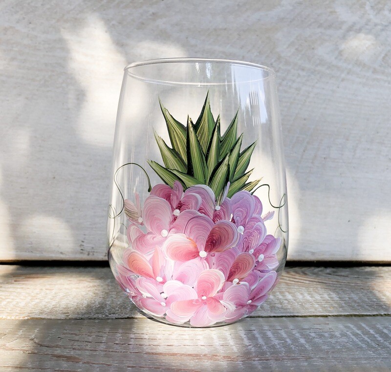 Hand Painted Pink Floral Pineapple STEMLESS Glass